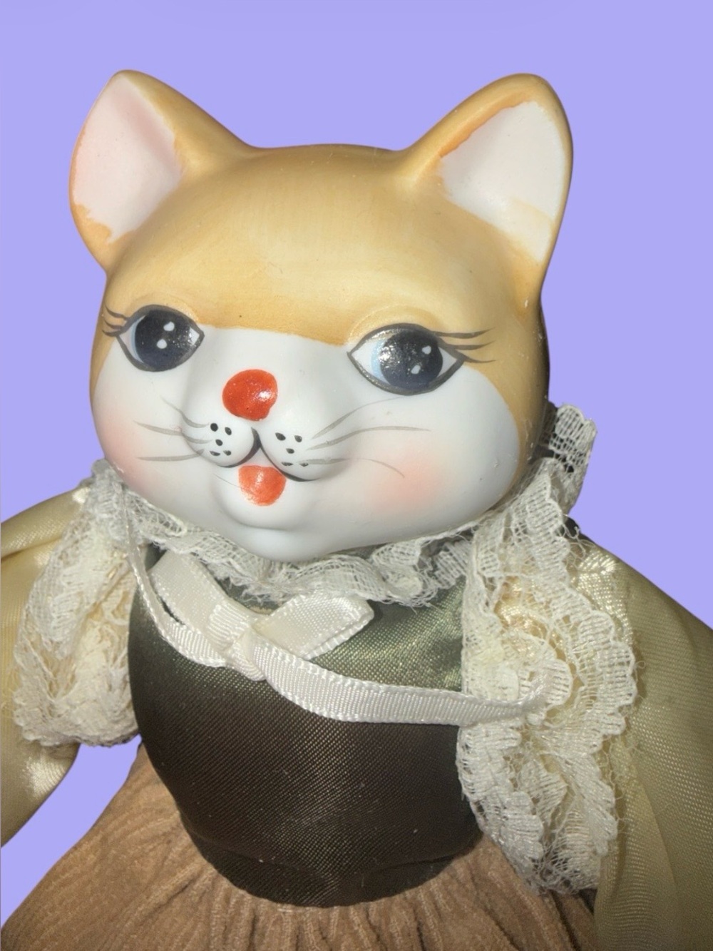 Vintage Porcelain Cottagecore Anthropomorphic Cat Doll Dress 9” Bloomers Lace